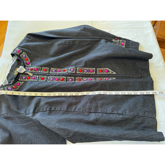 Bob Mackie Wearable Art Black Denim Zip Jacket 1X Purple Red Jeweled Embroidered - Picture 6 of 8